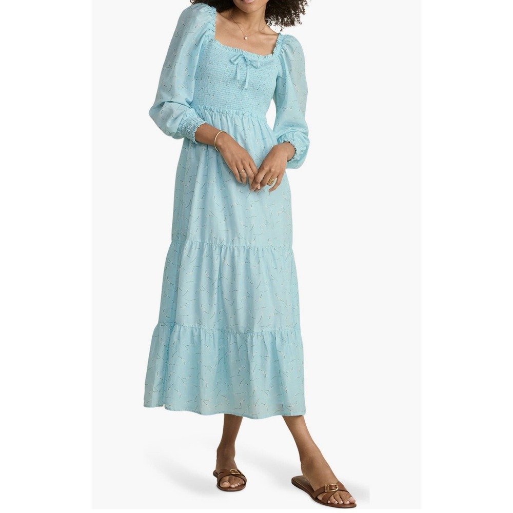 NWT Vineyard Vines Sz L Dress Smocked Midi‎ Tiered Puff Silk Cotton Blue Cottage
